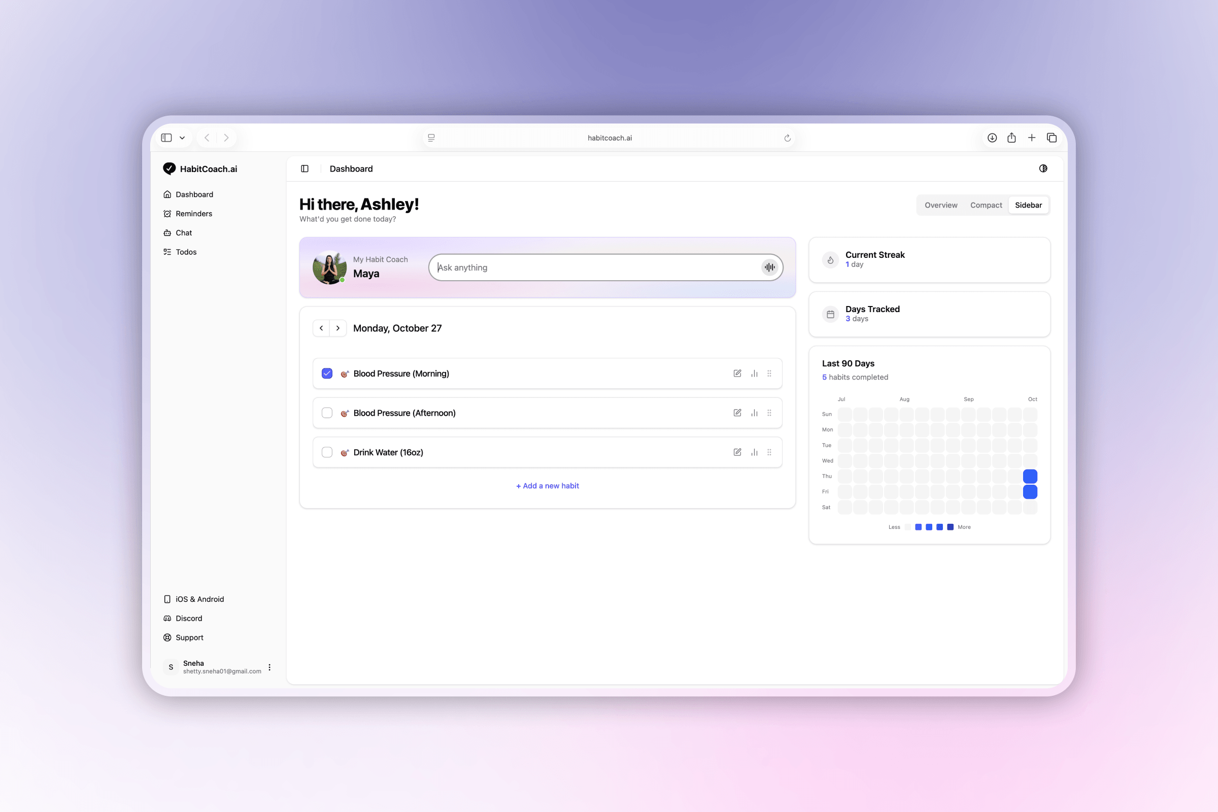 The HabitCoach.ai dashboard in a browser window: a greeting, a coach to ask anything of, a day’s habits to check off, and panels for the current streak, days tracked, and the last ninety days.