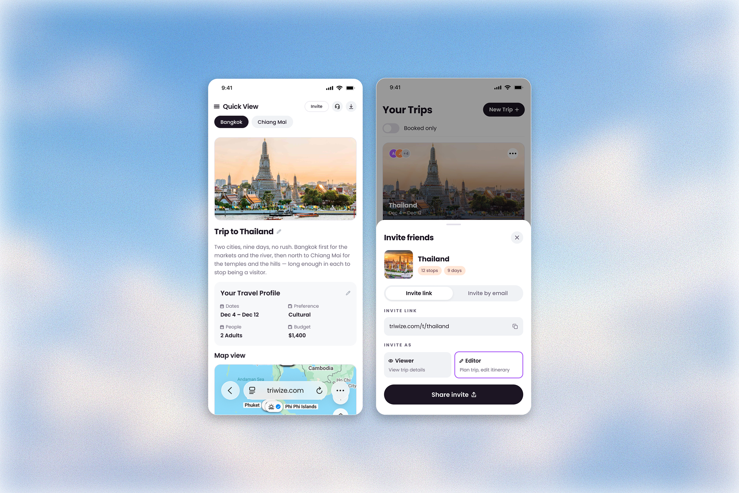 Two phone screens of Triwize’s collaborative trip planner: a Thailand trip overview with an Invite button and an invite friends sheet with a share link and Viewer or Editor roles.