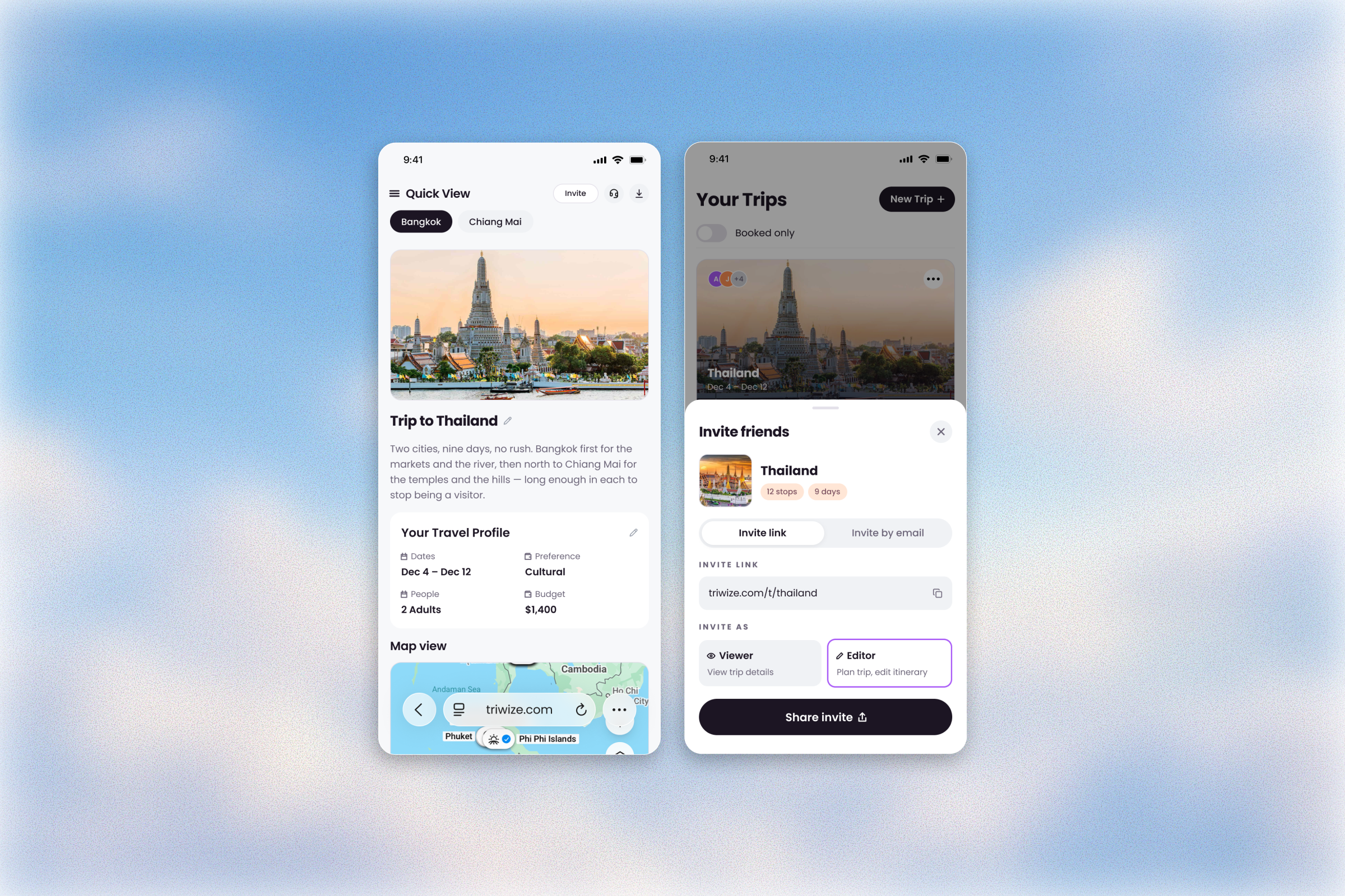 Two phone screens of Triwize’s collaborative trip planner: a Thailand trip overview with an Invite button and an invite friends sheet with a share link and Viewer or Editor roles.