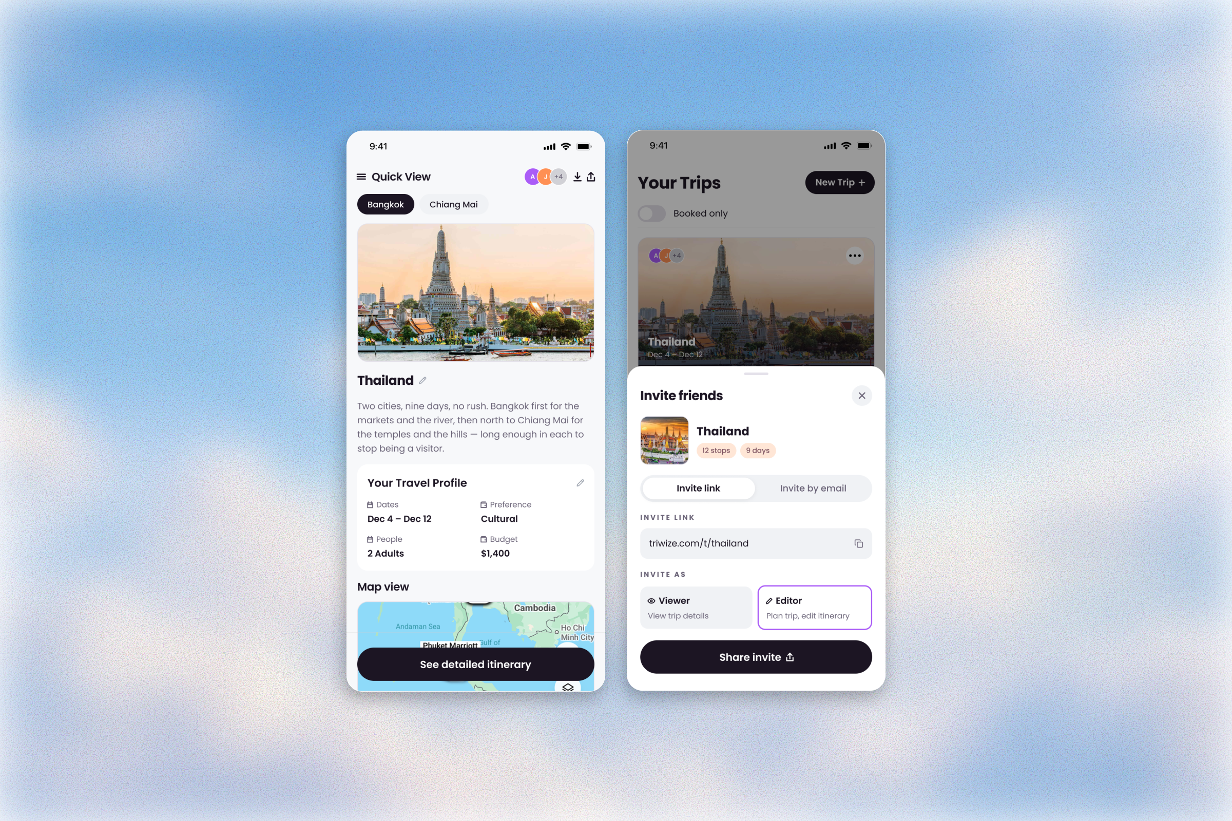 Two phone screens of a shared trip planner over a soft sky: a Thailand trip overview with dates, budget and a map, and an invite friends sheet offering a link or an email invite, as viewer or editor.
